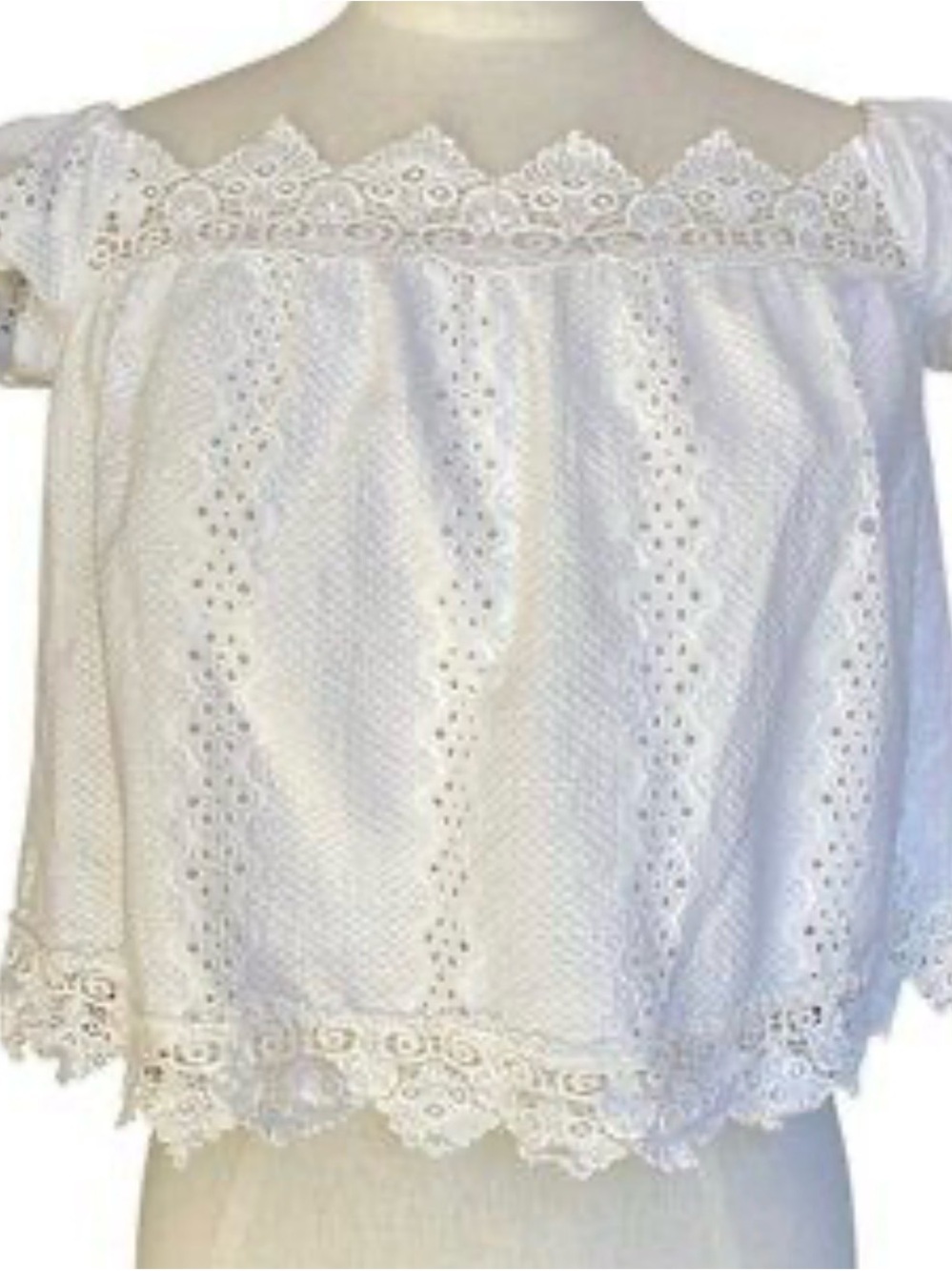 White Eyelet Off-Shoulder Crop Top with Lace Trim
